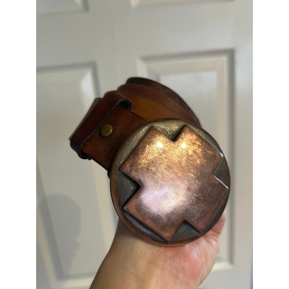Round Heavy Brass Cross Buckle with Brown Leather Belt - Picture 10 of 10